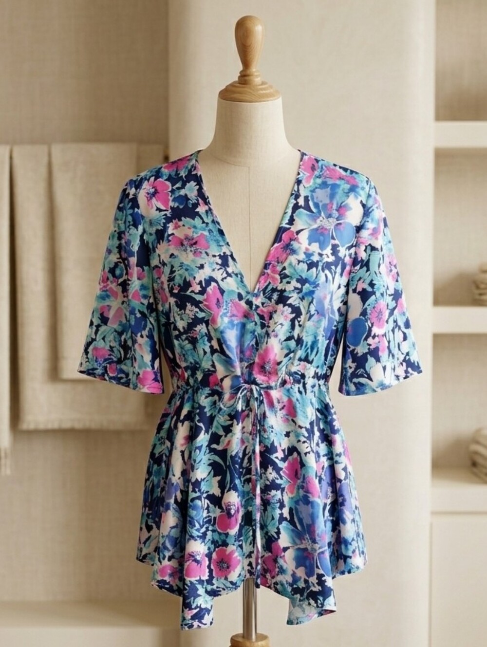 Heyson Blue & Pink Floral Tie Waist Asymmetrical Blouse Medium
